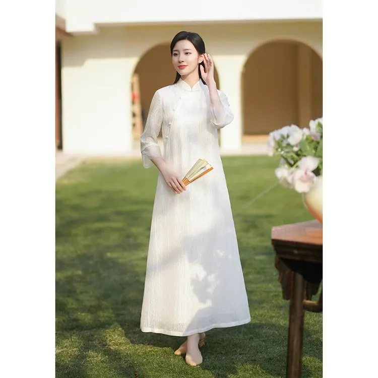 中国风女装新中式文艺夏季立领白色仙气飘逸禅意复古茶服连衣裙