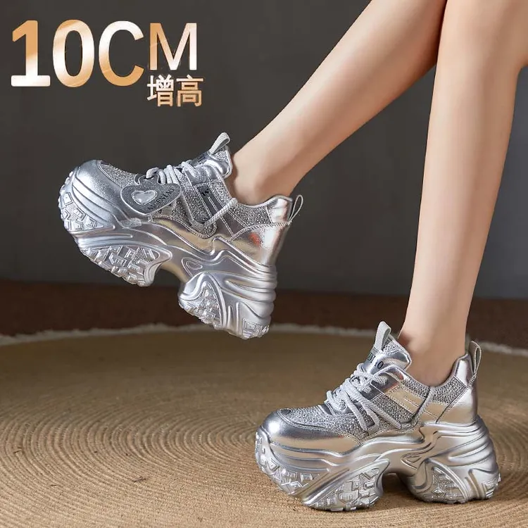 【无形增高10cm】水钻秋季新款矮个子老爹鞋女休闲鞋百搭高级厚底