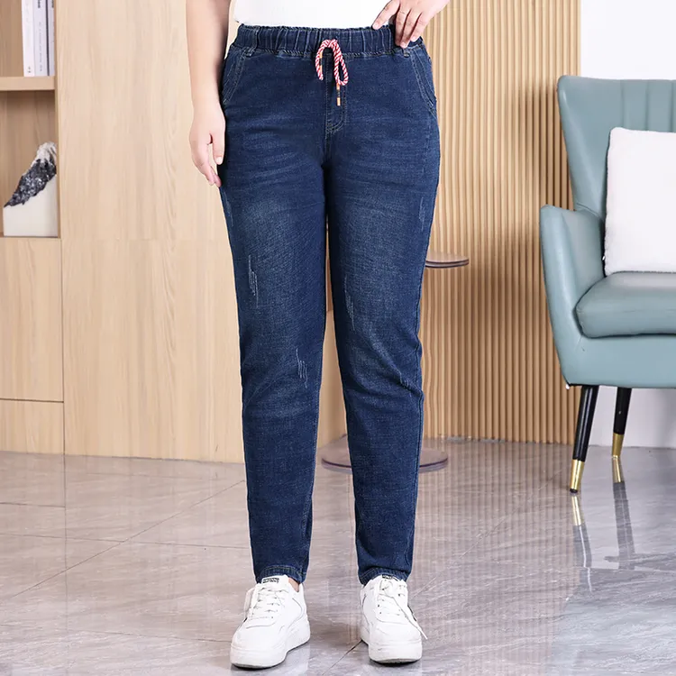 2025春季新款大码女装系带高腰牛仔裤胖mm弹力显瘦百搭哈伦小脚裤