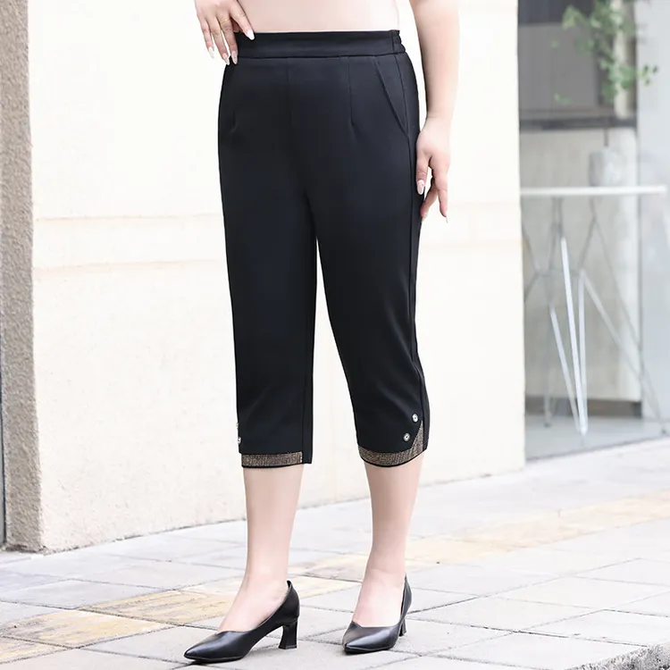 大码女裤高腰弹力七分裤2025夏季新款胖mm宽松时尚烫钻直筒中裤