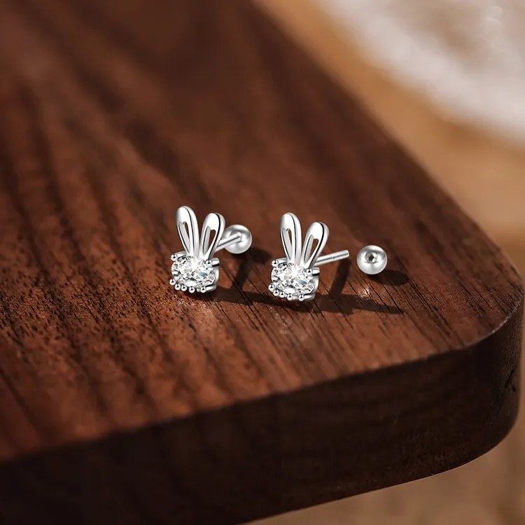 足银耳饰 999纯银耳钉女可爱微镶兔子简约百搭甜美养耳洞免摘B18