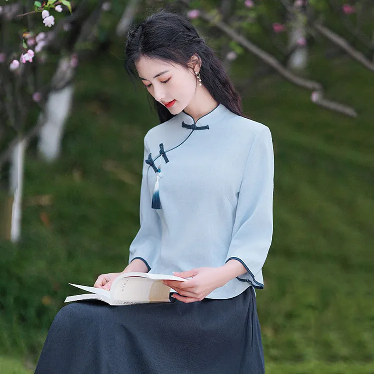 民国风女装修身旗袍上衣中式棉麻茶艺服复古七分袖汉服唐装两件套