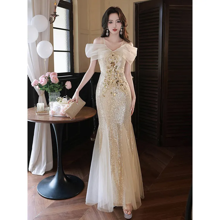 平时晚礼服裙女吊带一字肩仙气风范轻奢小众高定主持宴会生日闪亮