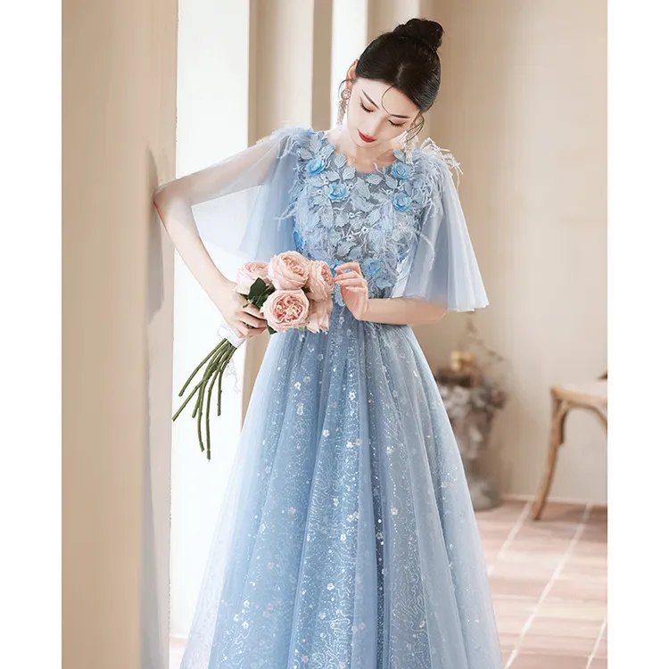 蓝色晚礼服裙高端轻奢小众仙女2024新款高级感晚宴法式主持人长款