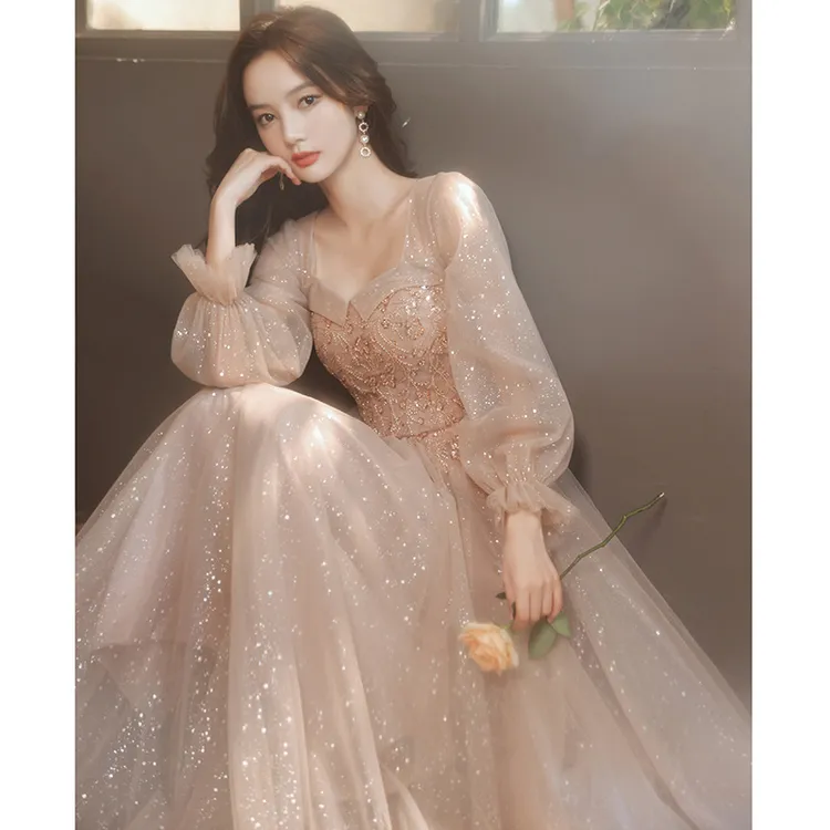 长袖晚礼服女2024新款小个子仙气香槟色订婚主持人端庄大气连衣裙