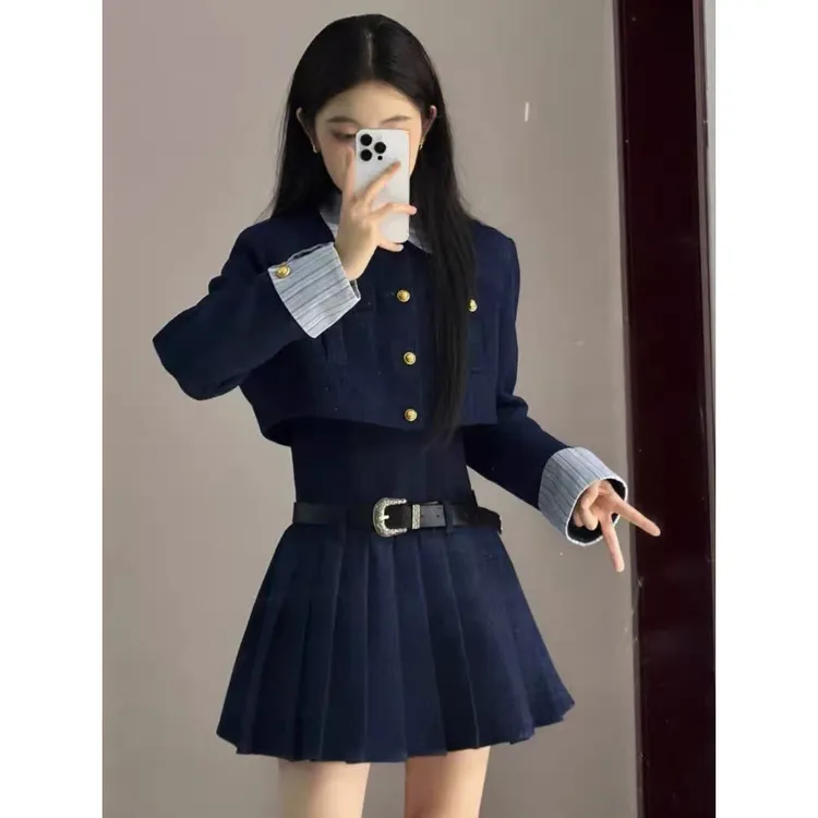 秋季新款女装套装学院小香风短外套连衣裙子两件套秋装搭配一整套