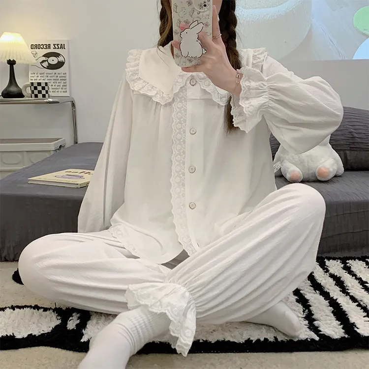 娃娃领韩版睡衣女春秋季长袖棉质甜美韩版蕾丝花边宽松家居服套装