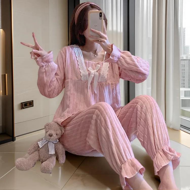 2025年秋冬季法兰绒睡衣女士长袖学生春秋甜美保暖冬天家居服套装