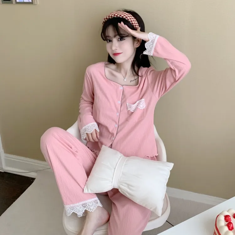 2025年秋季新款睡衣女春秋长袖坑条棉薄款套装韩版甜美少女家居服