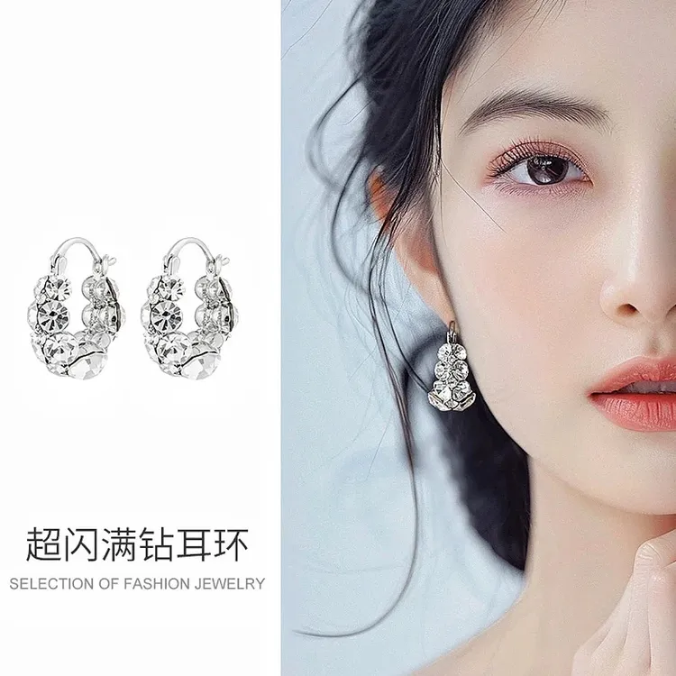 铜合金锆石耳饰 2025年法式耳扣圆圈耳环百搭气质耳饰满钻超闪