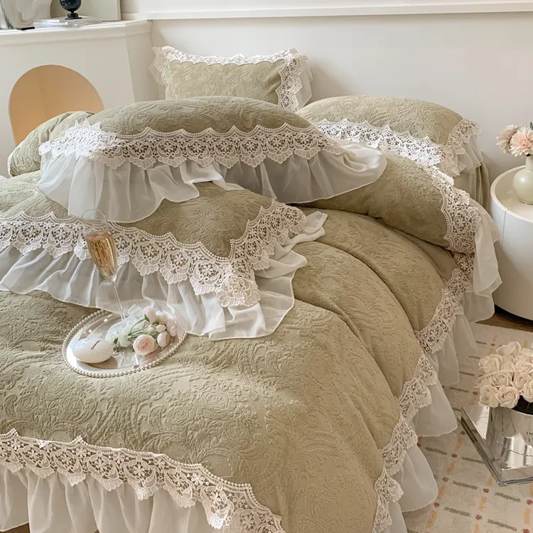 轻奢牛奶绒床上四件套冬季珊瑚绒法式花边雕花绒床单被套双面加绒