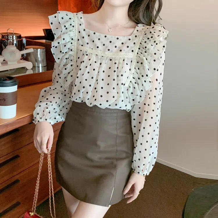 2024春装新款韩系荷叶边宽松透感花边拼接波点雪纺衫上衣潮