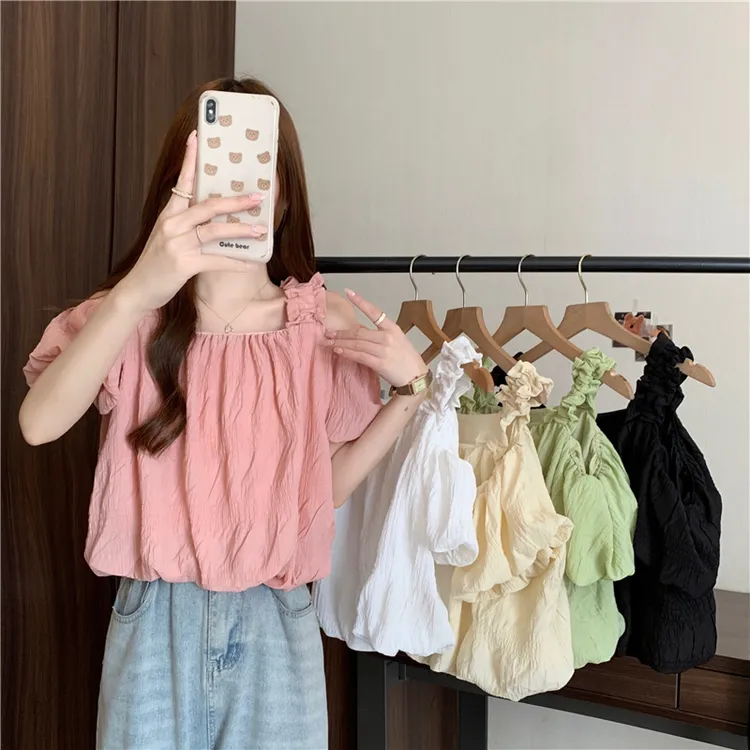 新款韩版夏季一字肩吊带短袖衬衫女小众宽松泡泡袖上衣