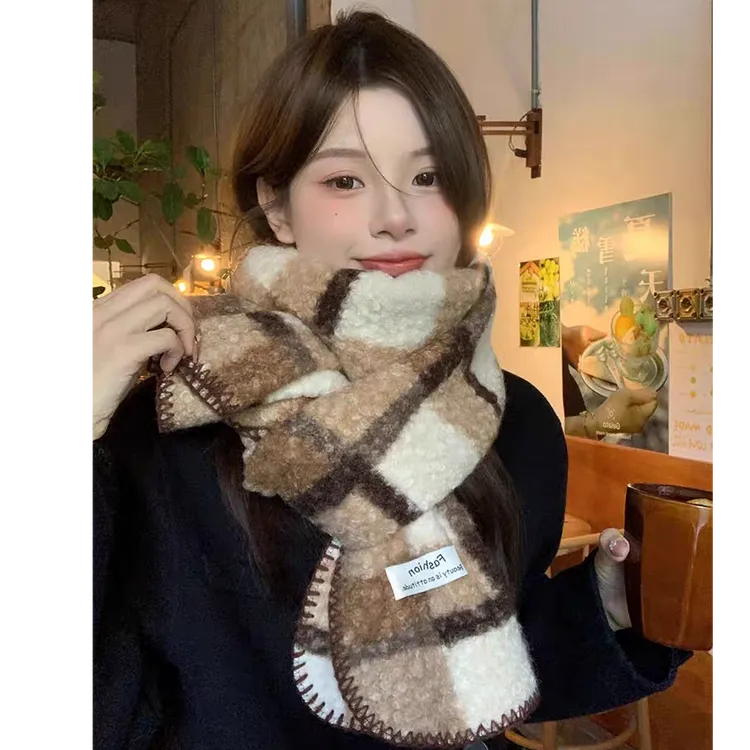 Love is long韩系氛围感小卷毛格子围巾2025新款软糯保暖围脖 