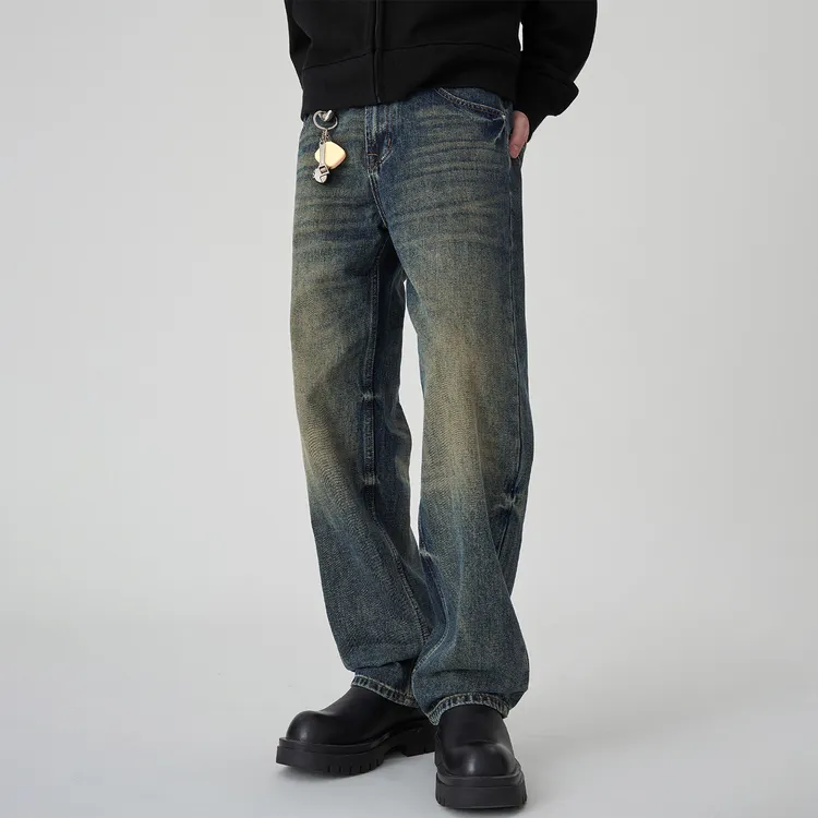 EP2024春秋季新款复古蓝直筒牛仔裤男美式高街水洗扎花垂感长裤子