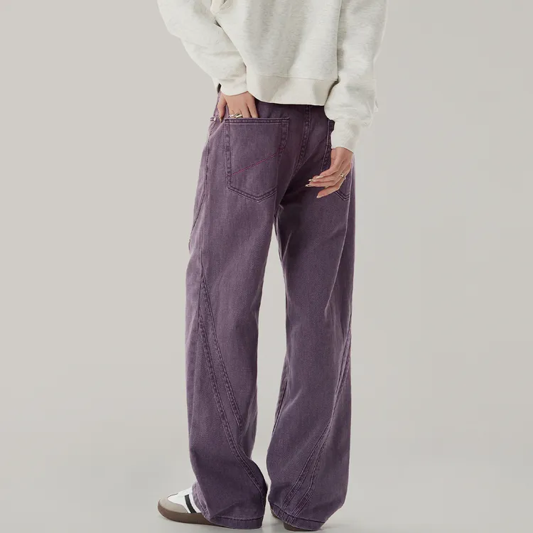 EP美式高街紫色宽松牛仔裤男2025春季新款潮流拼接直筒工装裤子男