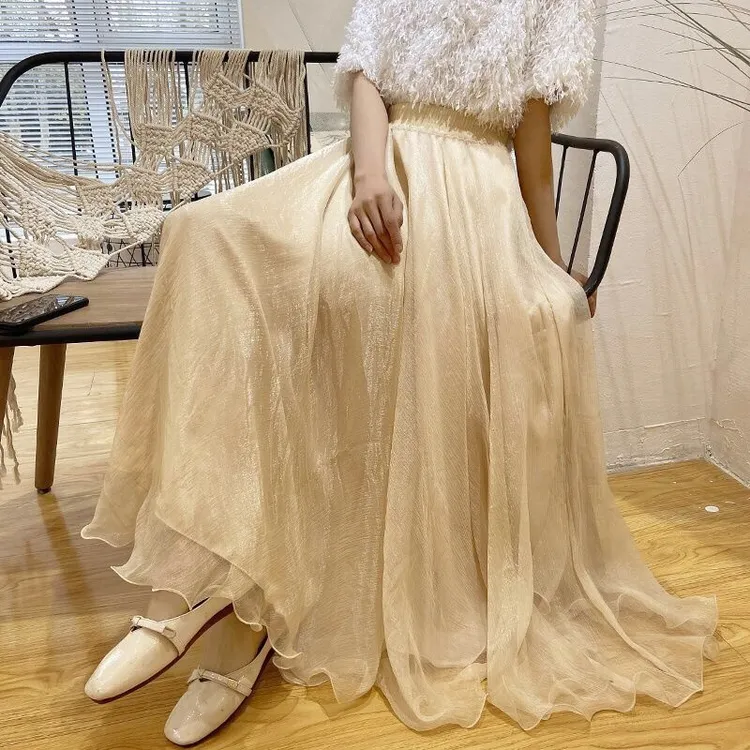 新款网红720度大摆仙女波浪网纱裙子高腰气质显瘦闪闪半身裙长款