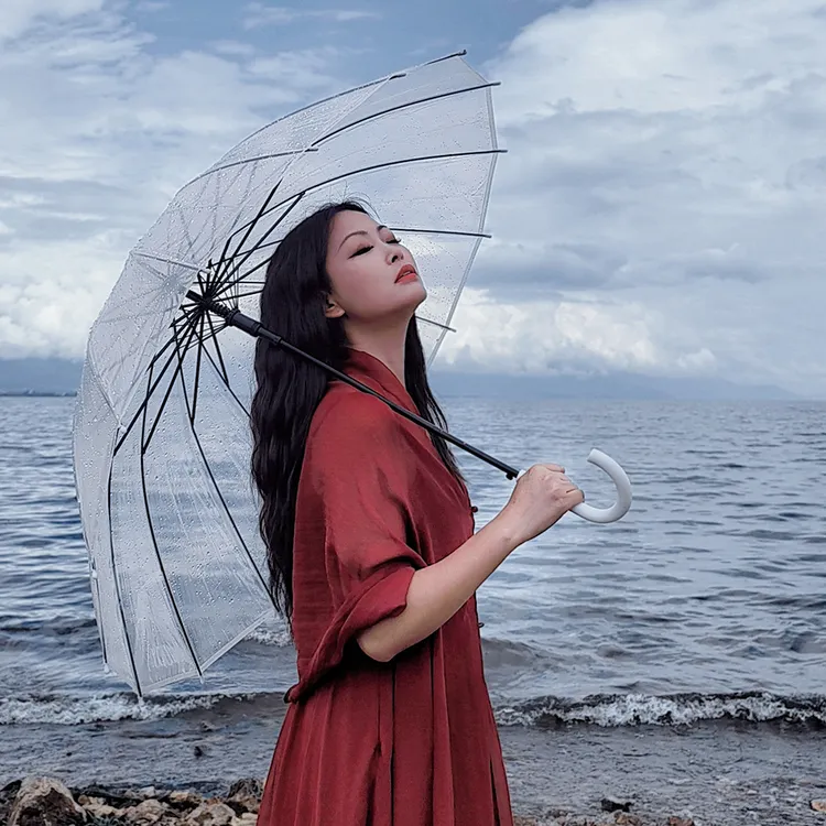 透明雨伞弯柄16骨加固结实抗风高颜值大号双人自动长柄伞白色简约