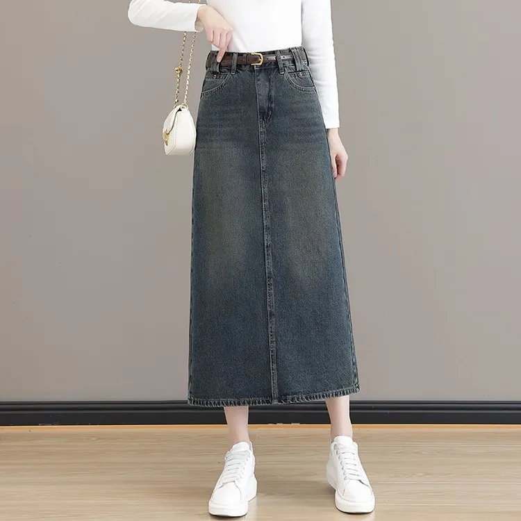 2025春秋新款高腰长款遮胯a字裙显瘦百搭后开叉包臀牛仔裙半身裙