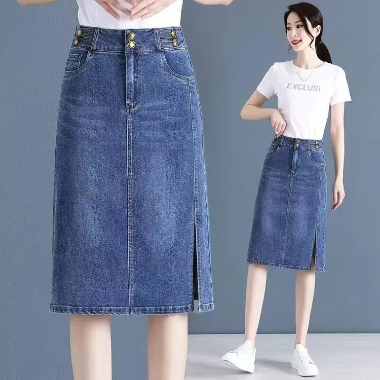 2025年新款牛仔半身裙女春夏高腰中长款a字裙开叉一步包臀短裙子