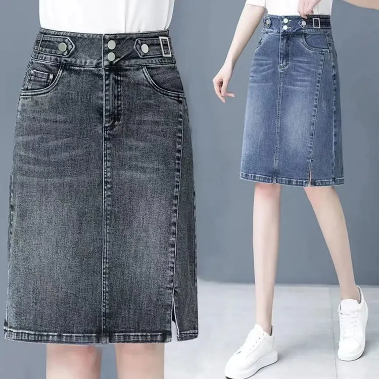 2025春夏季新款牛仔半身裙女高腰显瘦开叉a字裙中长款包臀一步裙