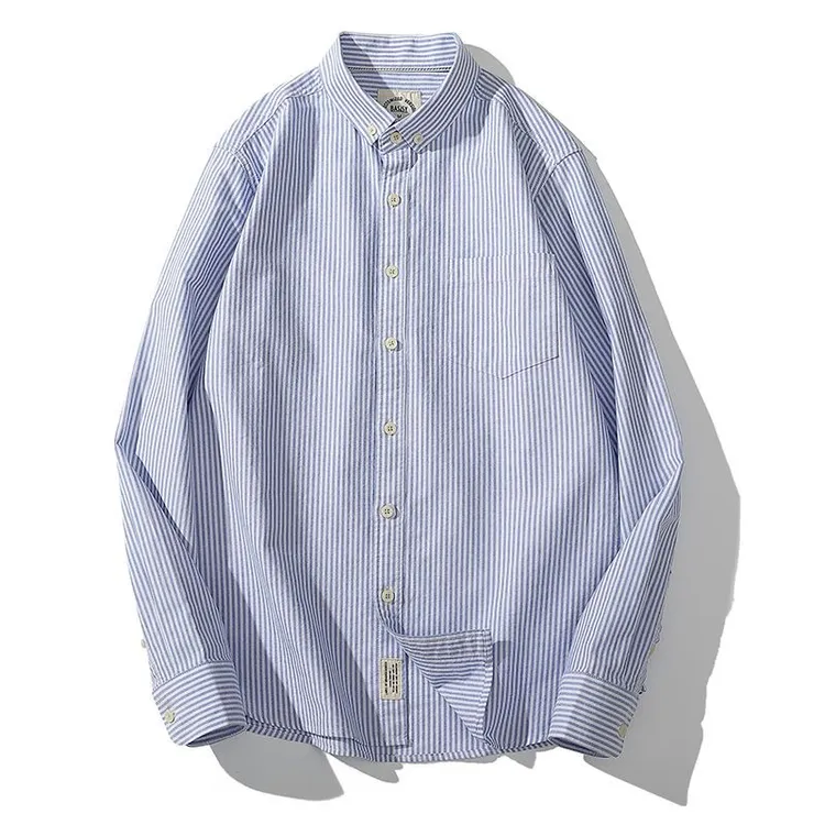 巴司司衬衫牛津蓝条纹长袖男休闲衬衫百搭翻领蓝白竖条纹衬衣男款