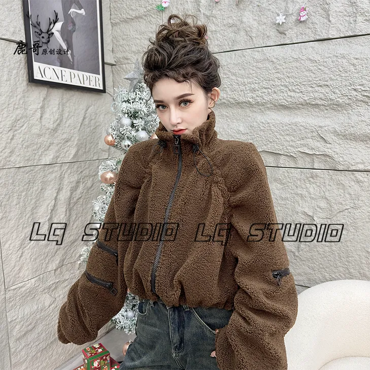 极简风设计/潮牌美式/秋冬新款休闲加绒羊羔外套宽松休闲夹克女