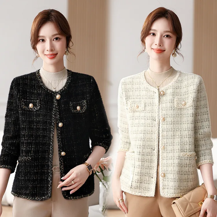 恒源祥彩羊小香风毛呢外套女2024秋装新款气质中年妈妈款洋气中老