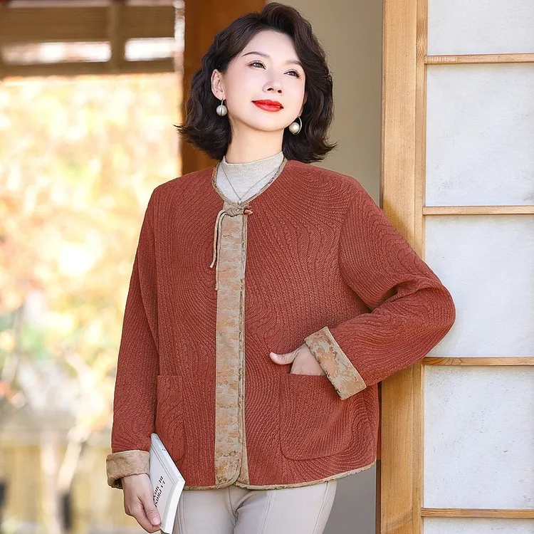 恒源祥彩羊洋气妈妈秋装外套中老年国风短款夹克开衫女2025新款春