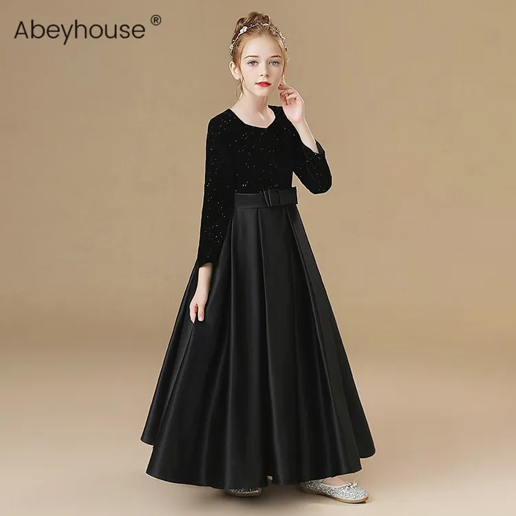 儿童礼服女童晚礼服长袖高端演出服小女孩黑色长款走秀主持人裙子