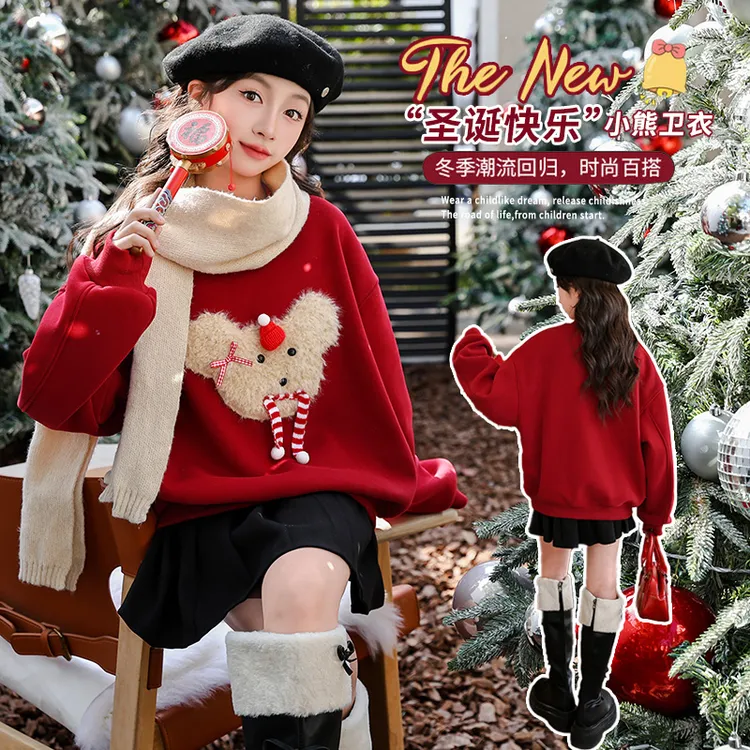 2024新款女童加绒卫衣洋气女孩卡通打底衫秋冬儿童红色秋冬款潮童