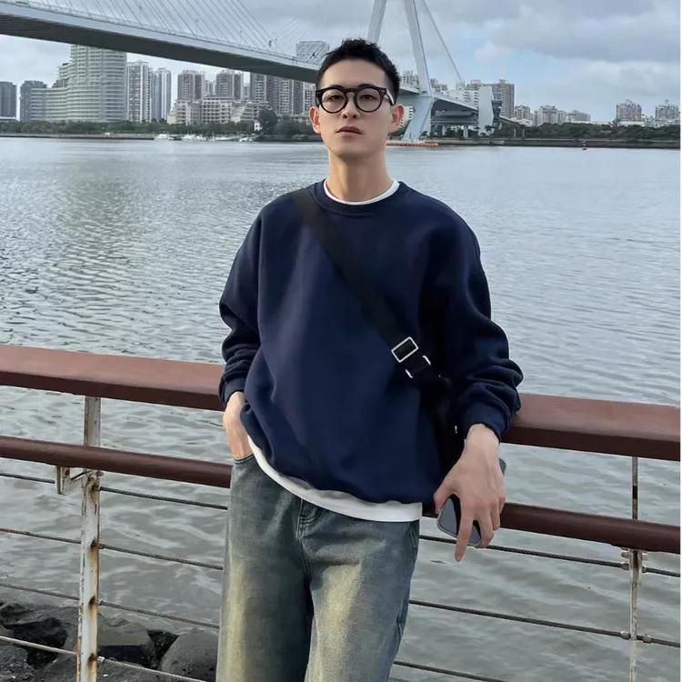 美式秋冬男士卫衣圆领藏青色长袖宽松重磅休闲百搭加绒厚实上衣潮