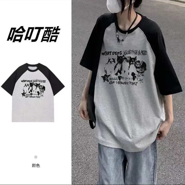 纯棉短袖女插肩袖上衣T恤潮设计感小众甜酷宽松文艺宽松ins