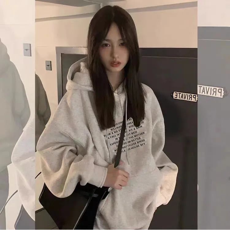 美式复古圆领卫衣女春秋2023新款小个子宽松慵懒风oversize上衣潮