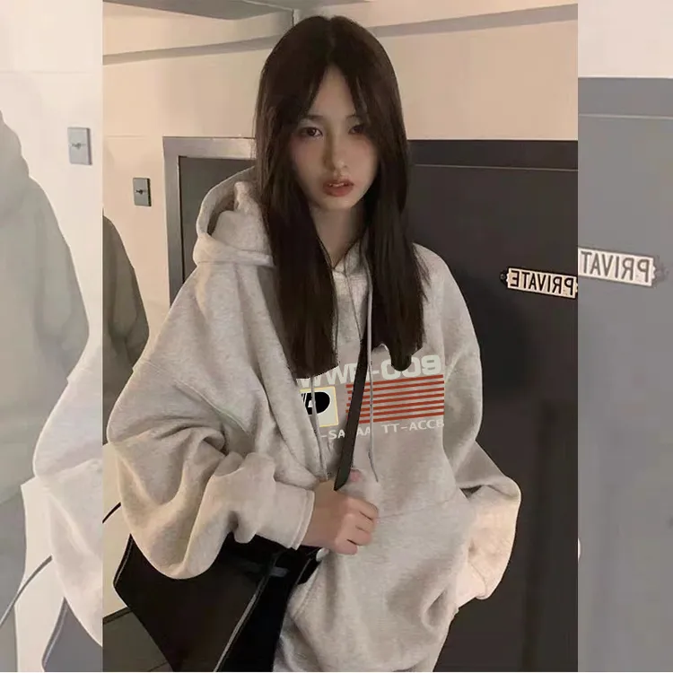 高级感连帽卫衣女秋冬加绒慵懒风宽松美式复古oversize外套上衣潮