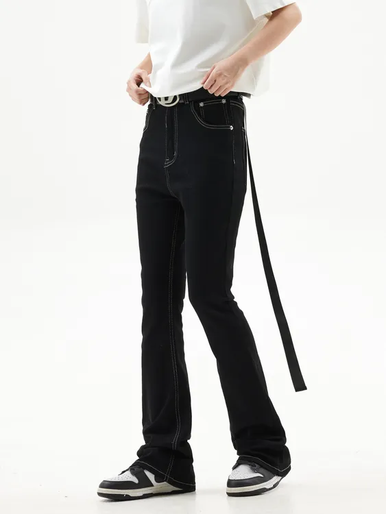 ZLAYCO美式复古飘带修身微喇叭牛仔裤高街vibe显瘦百搭直筒长裤