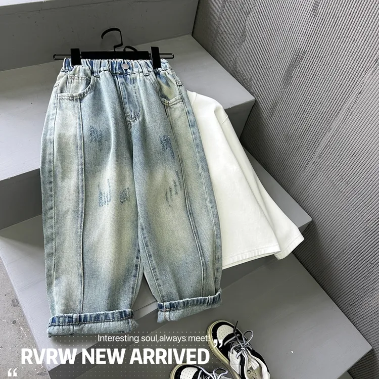 【自在穿搭】若大王潮酷复古春季牛仔蓝童装牛仔裤 CK-TX088