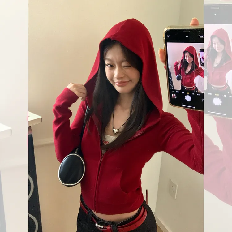 宋正恩红色短款拉链连帽外套女甜辣显瘦时尚别致长袖上衣AA7133