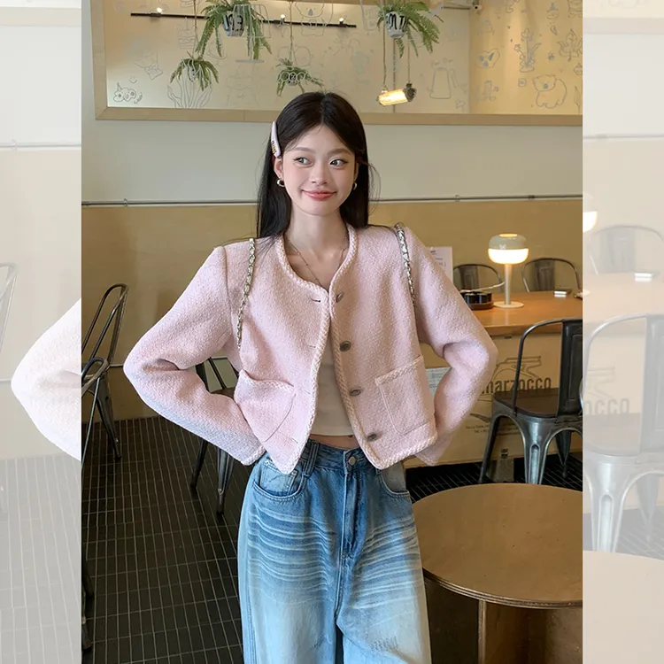 宋正恩粉色小香风外套女纽扣设计感上衣ZSSW730