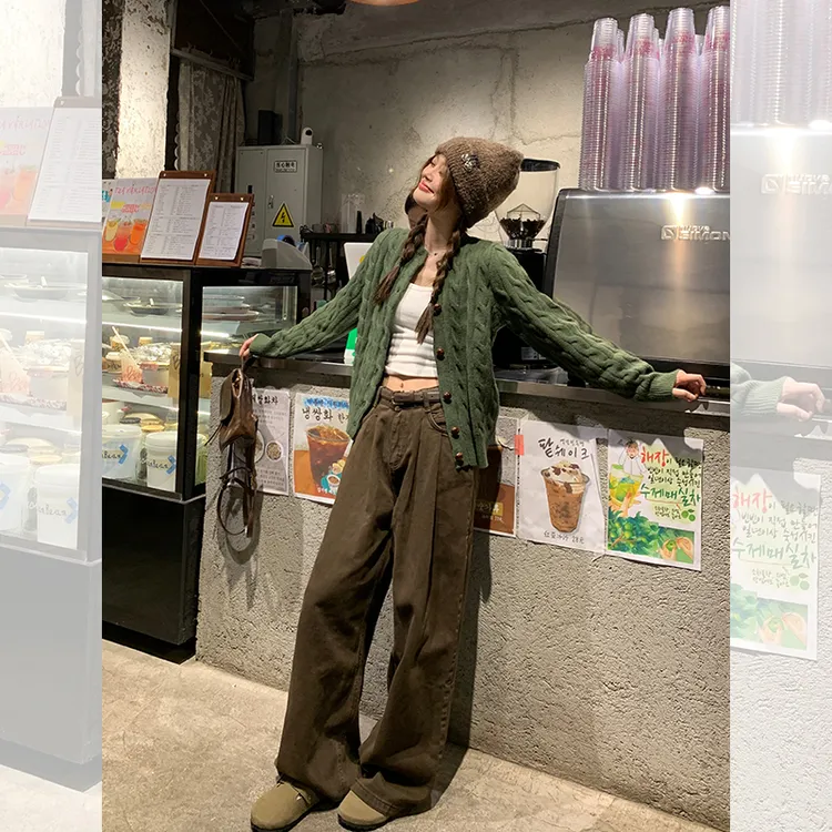 宋正恩咖色高腰加绒牛仔裤女新款小个子直筒裤棕色阔腿裤拖地裤子