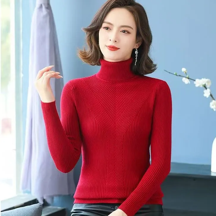 2024高领加厚毛衣新款女打底衫秋冬装双翻弹力毛衫修身针织衫