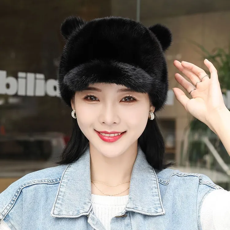 水貂猫耳朵帽子女士可爱冬季保暖加厚新品皮草时尚护耳鸭舌棒球帽