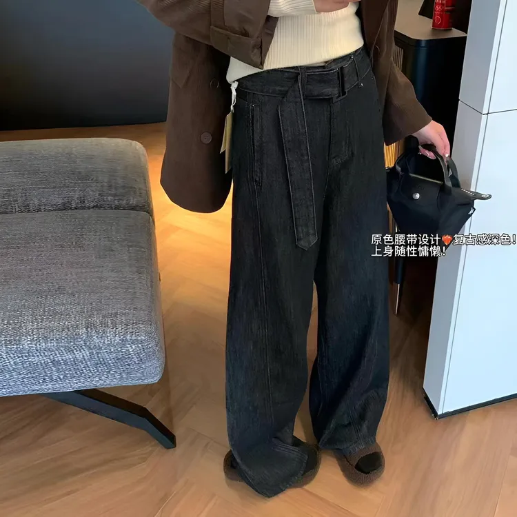 parkyeon港风复古黑色腰带设计阔腿牛仔裤女2024冬季宽松显瘦长裤