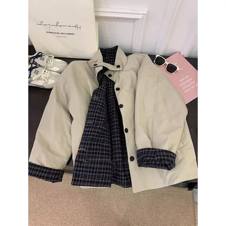 parkyeon卡其色宽松两面穿夹棉立领外套女秋冬高级感袖口卷边冬装