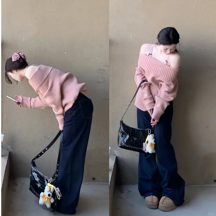 parkyeon粉色甜美洋气减龄修身上衣潮韩系纯欲风一字领长袖针织衫