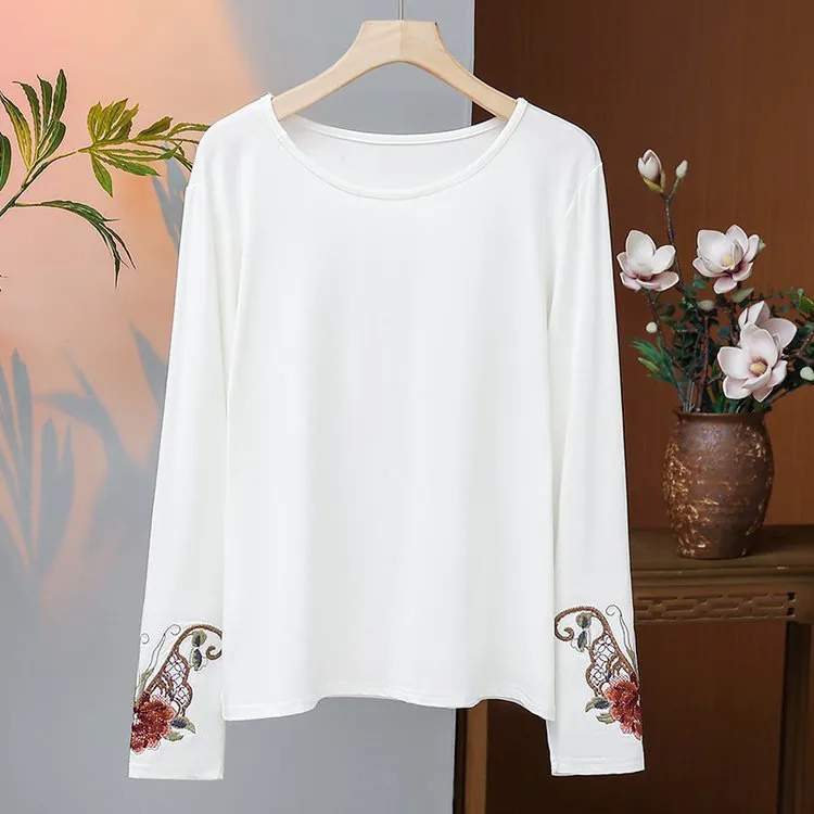 2025新款国风复古黑色打底衫重工刺绣女士显瘦百搭长袖气质上衣