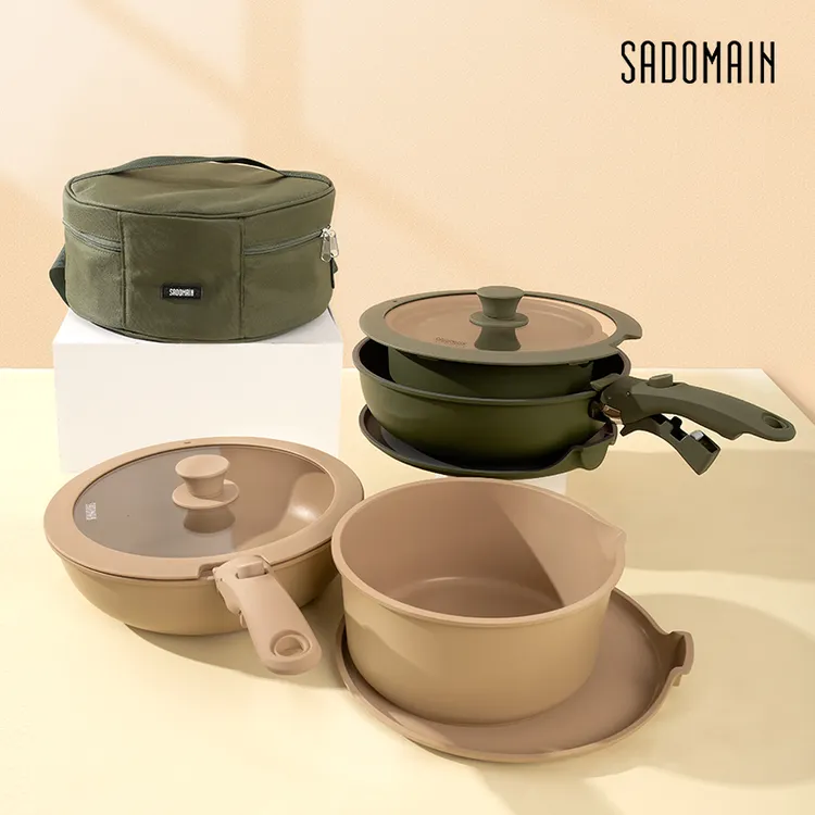 仙德曼户外锅具套装组露营煎炒锅汤锅炊具野炊锅便携全套拆卸手柄