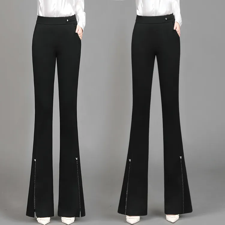 黑色微喇裤女秋冬新款百搭西裤高腰宽松显瘦开叉烫钻喇叭裤子新款