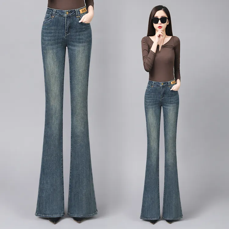 微喇叭裤牛仔裤女高腰修身显瘦显高2025秋冬新款大码复古港风裤子