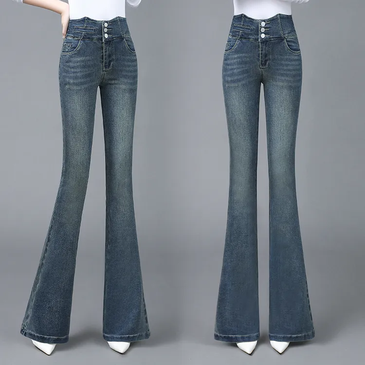 2025秋冬新款港风复古双裤腰微喇牛仔裤女修身显瘦设计感喇叭裤子